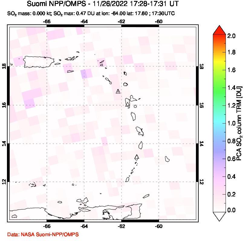 A sulfur dioxide image over Montserrat, West Indies on Nov 26, 2022.
