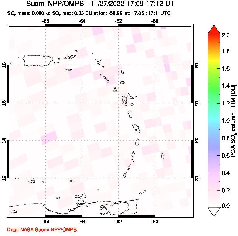 A sulfur dioxide image over Montserrat, West Indies on Nov 27, 2022.