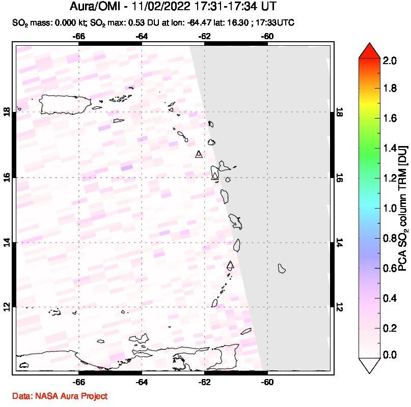A sulfur dioxide image over Montserrat, West Indies on Nov 02, 2022.