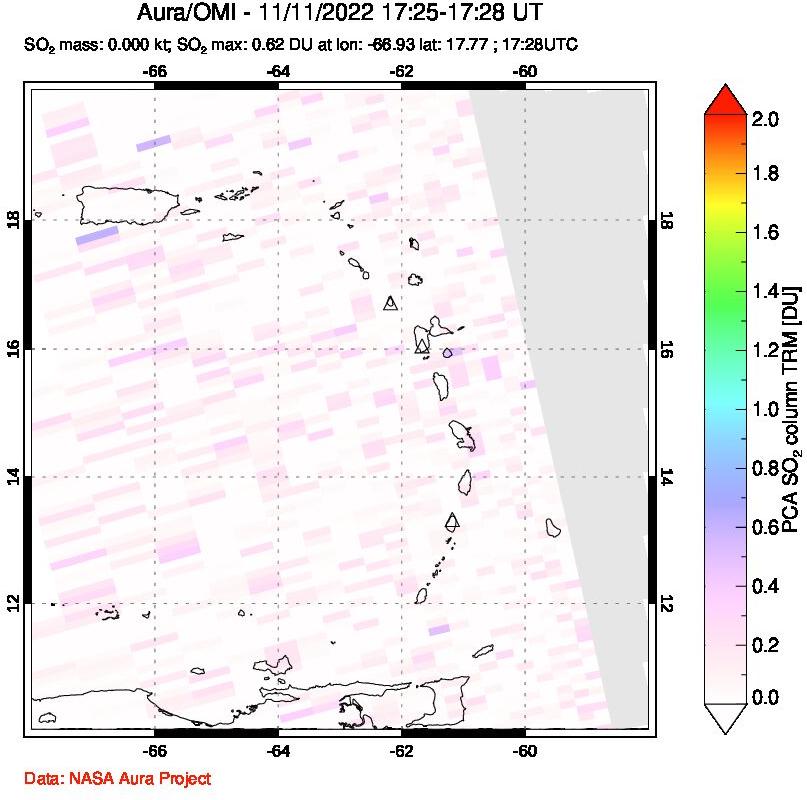 A sulfur dioxide image over Montserrat, West Indies on Nov 11, 2022.