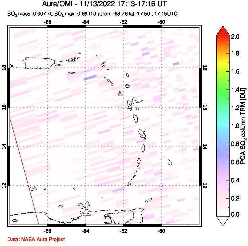 A sulfur dioxide image over Montserrat, West Indies on Nov 13, 2022.
