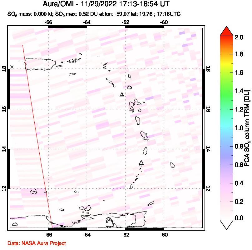 A sulfur dioxide image over Montserrat, West Indies on Nov 29, 2022.