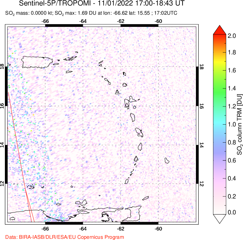 A sulfur dioxide image over Montserrat, West Indies on Nov 01, 2022.