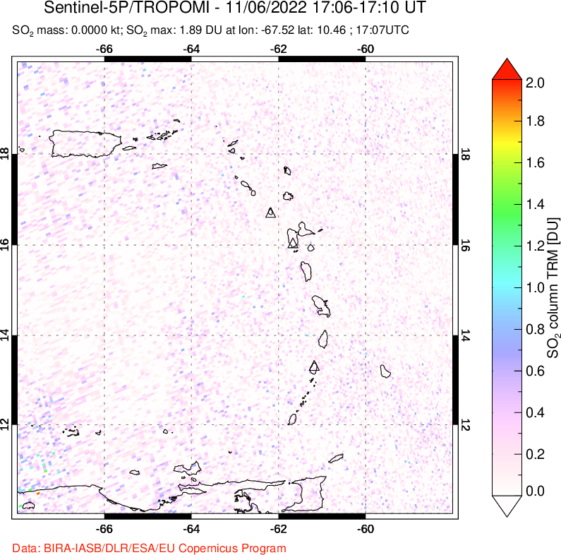 A sulfur dioxide image over Montserrat, West Indies on Nov 06, 2022.