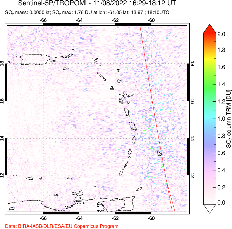 A sulfur dioxide image over Montserrat, West Indies on Nov 08, 2022.