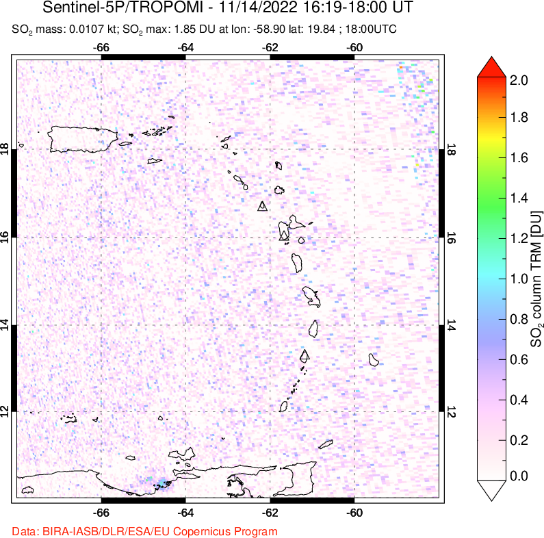A sulfur dioxide image over Montserrat, West Indies on Nov 14, 2022.