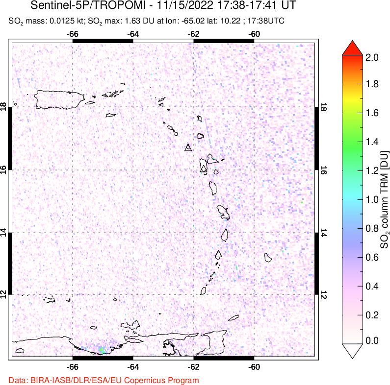 A sulfur dioxide image over Montserrat, West Indies on Nov 15, 2022.
