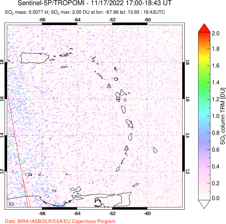 A sulfur dioxide image over Montserrat, West Indies on Nov 17, 2022.