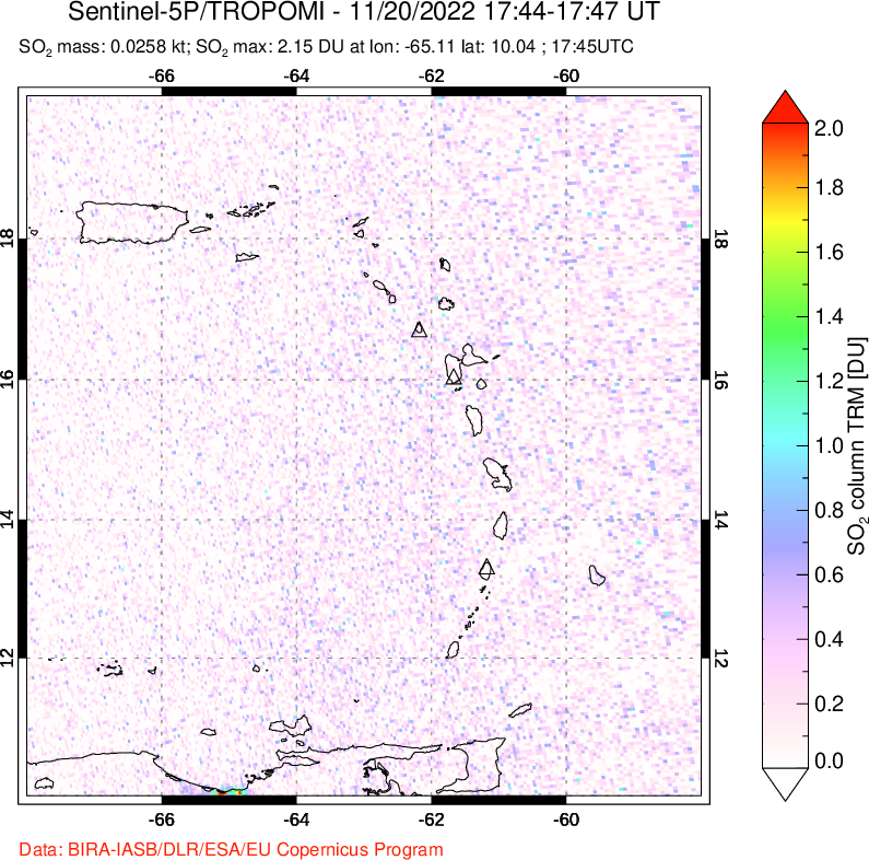 A sulfur dioxide image over Montserrat, West Indies on Nov 20, 2022.
