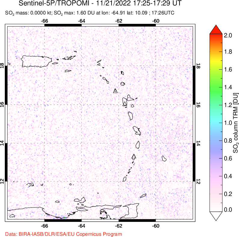 A sulfur dioxide image over Montserrat, West Indies on Nov 21, 2022.