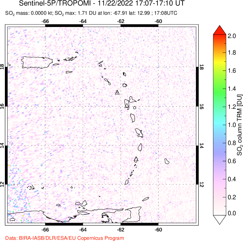 A sulfur dioxide image over Montserrat, West Indies on Nov 22, 2022.