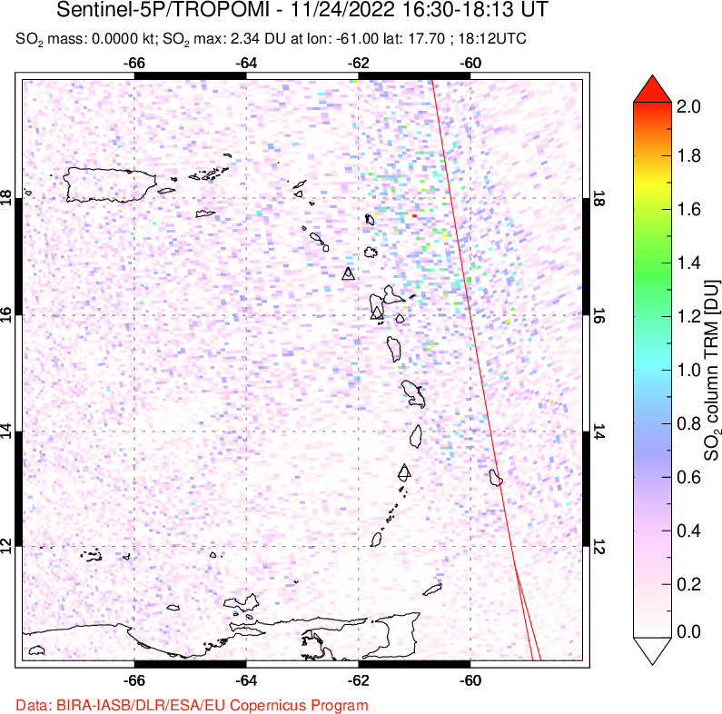 A sulfur dioxide image over Montserrat, West Indies on Nov 24, 2022.