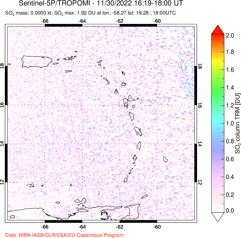 A sulfur dioxide image over Montserrat, West Indies on Nov 30, 2022.