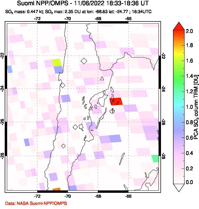 A sulfur dioxide image over Northern Chile on Nov 06, 2022.
