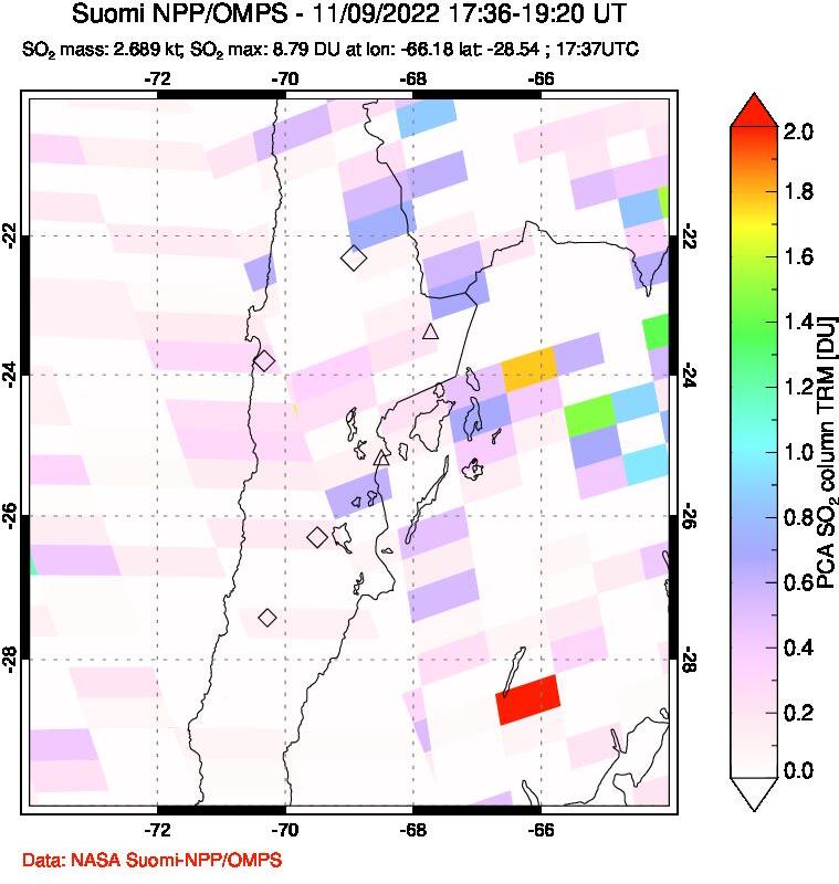 A sulfur dioxide image over Northern Chile on Nov 09, 2022.