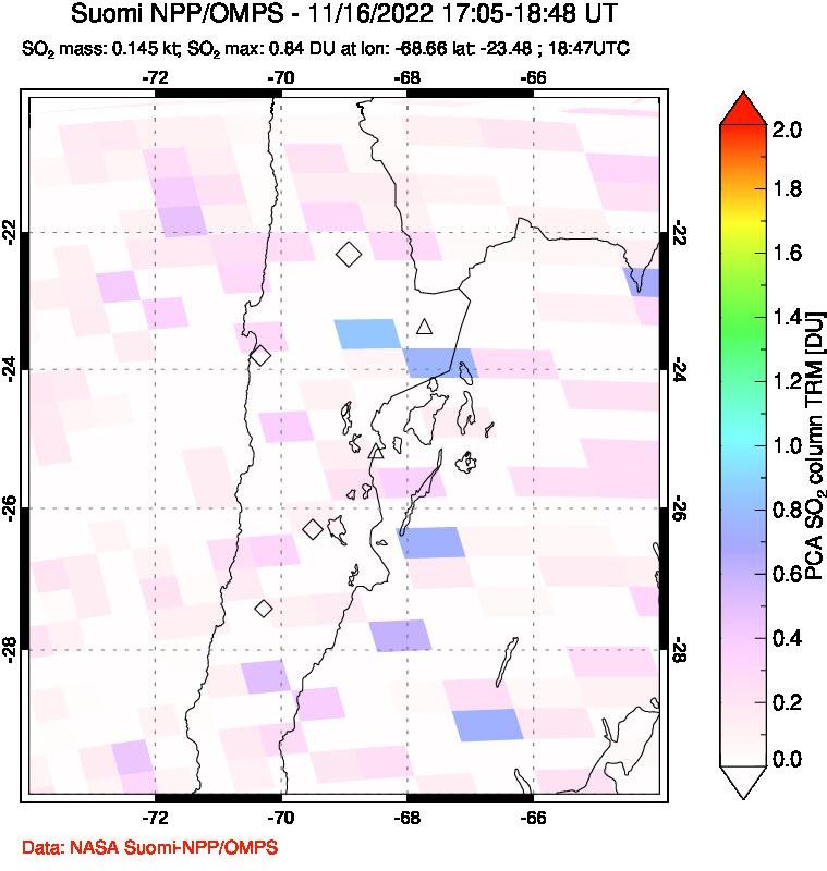 A sulfur dioxide image over Northern Chile on Nov 16, 2022.