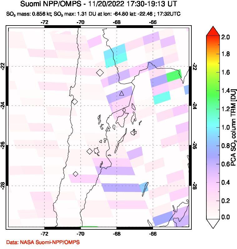 A sulfur dioxide image over Northern Chile on Nov 20, 2022.