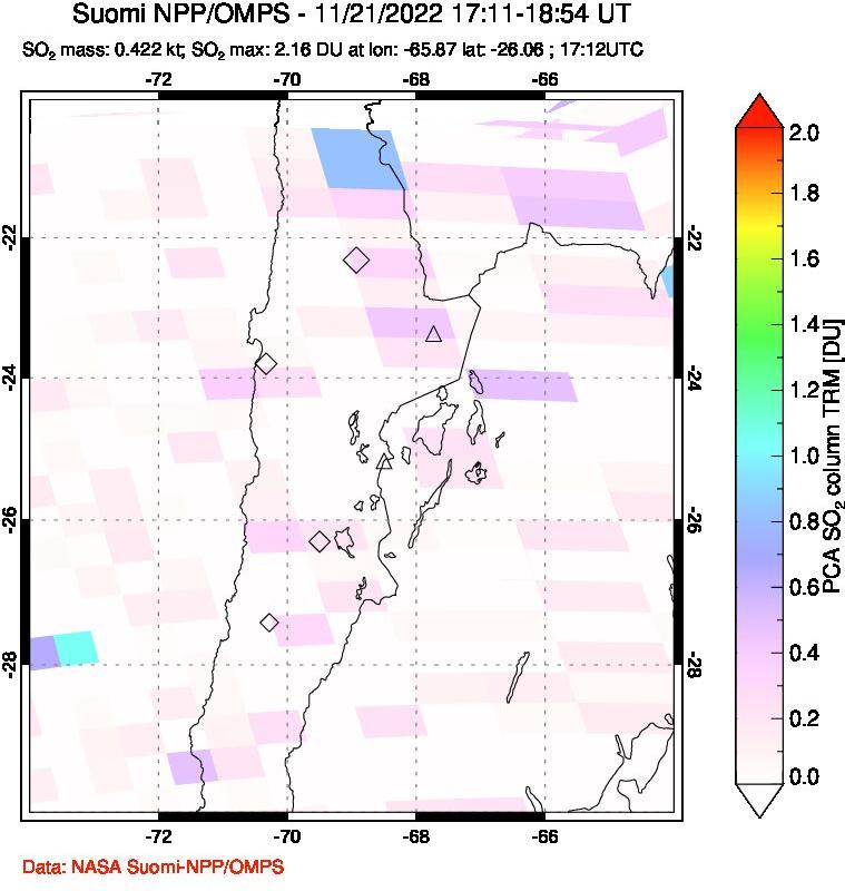 A sulfur dioxide image over Northern Chile on Nov 21, 2022.