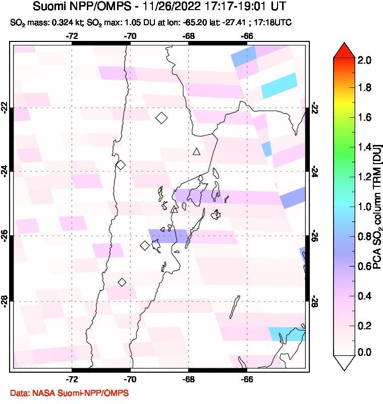 A sulfur dioxide image over Northern Chile on Nov 26, 2022.