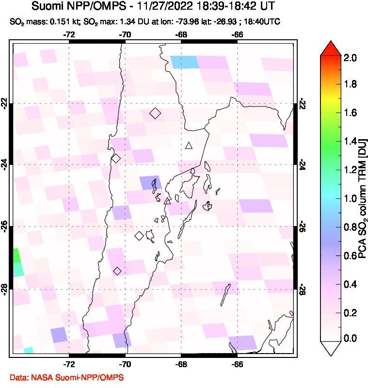 A sulfur dioxide image over Northern Chile on Nov 27, 2022.