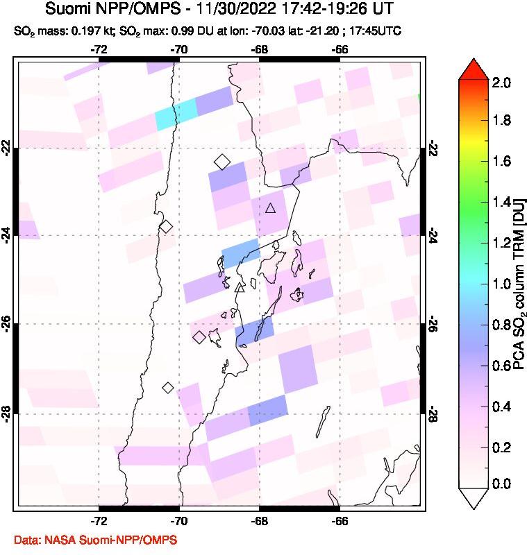 A sulfur dioxide image over Northern Chile on Nov 30, 2022.