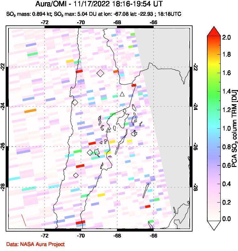 A sulfur dioxide image over Northern Chile on Nov 17, 2022.