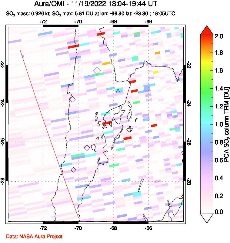 A sulfur dioxide image over Northern Chile on Nov 19, 2022.
