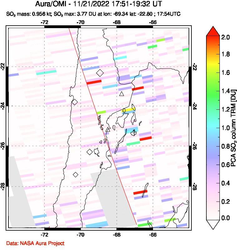 A sulfur dioxide image over Northern Chile on Nov 21, 2022.