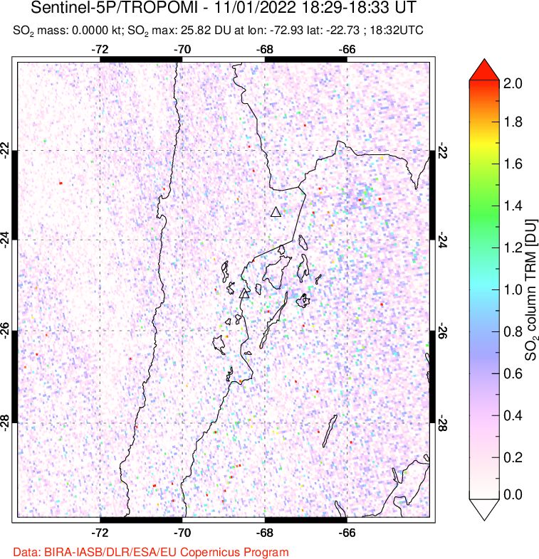 A sulfur dioxide image over Northern Chile on Nov 01, 2022.