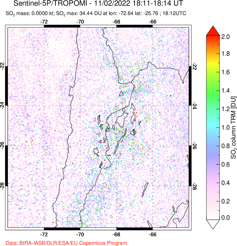 A sulfur dioxide image over Northern Chile on Nov 02, 2022.