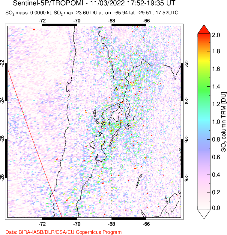 A sulfur dioxide image over Northern Chile on Nov 03, 2022.