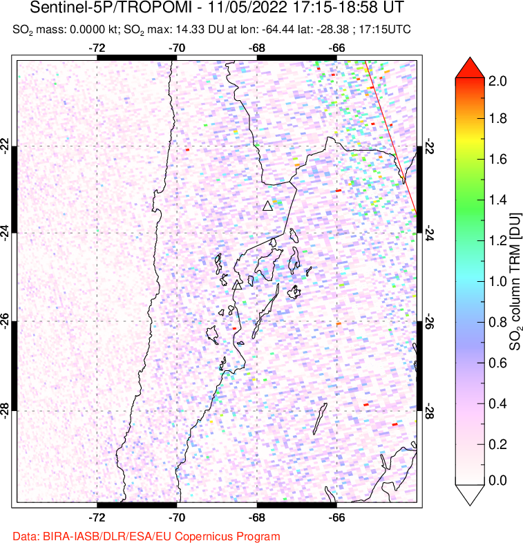 A sulfur dioxide image over Northern Chile on Nov 05, 2022.