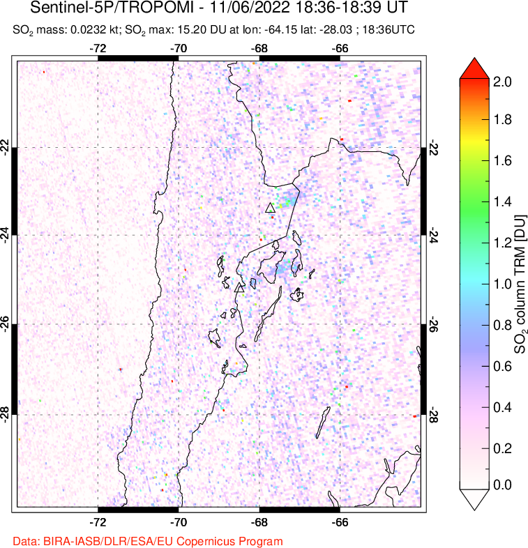 A sulfur dioxide image over Northern Chile on Nov 06, 2022.