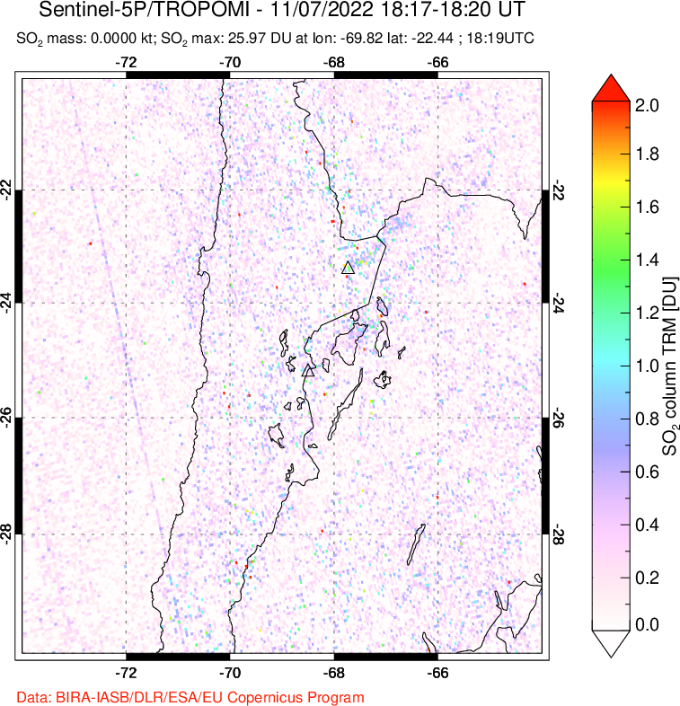 A sulfur dioxide image over Northern Chile on Nov 07, 2022.