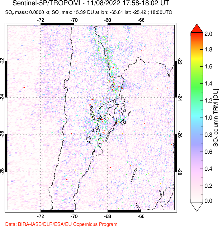 A sulfur dioxide image over Northern Chile on Nov 08, 2022.
