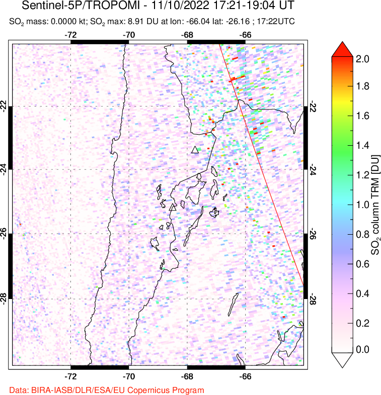 A sulfur dioxide image over Northern Chile on Nov 10, 2022.