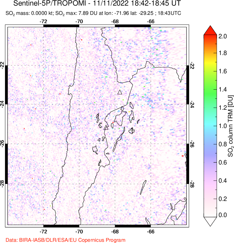 A sulfur dioxide image over Northern Chile on Nov 11, 2022.