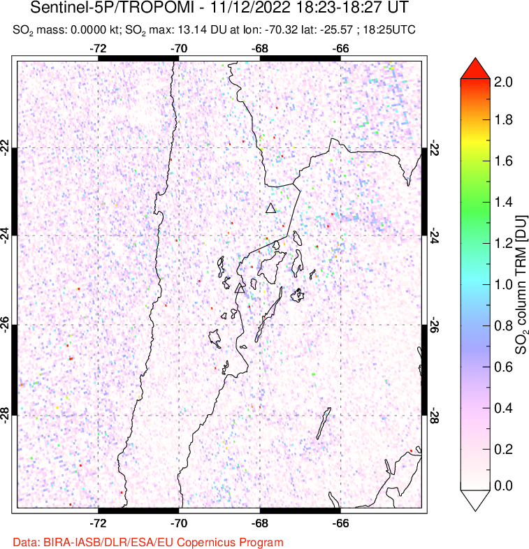 A sulfur dioxide image over Northern Chile on Nov 12, 2022.