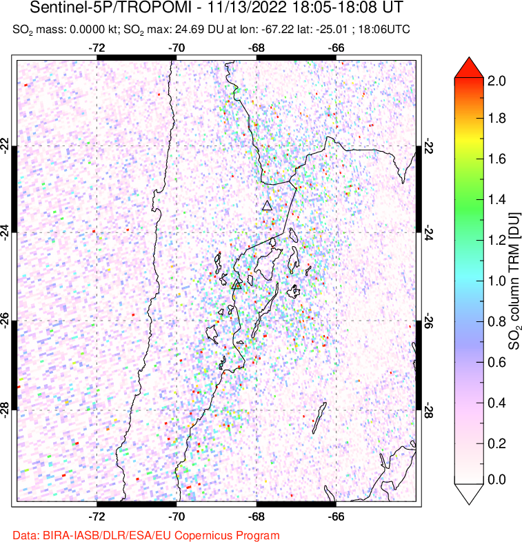 A sulfur dioxide image over Northern Chile on Nov 13, 2022.