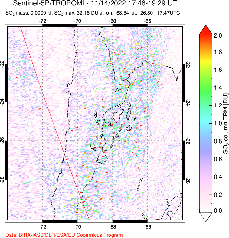 A sulfur dioxide image over Northern Chile on Nov 14, 2022.