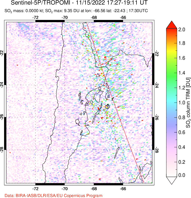 A sulfur dioxide image over Northern Chile on Nov 15, 2022.