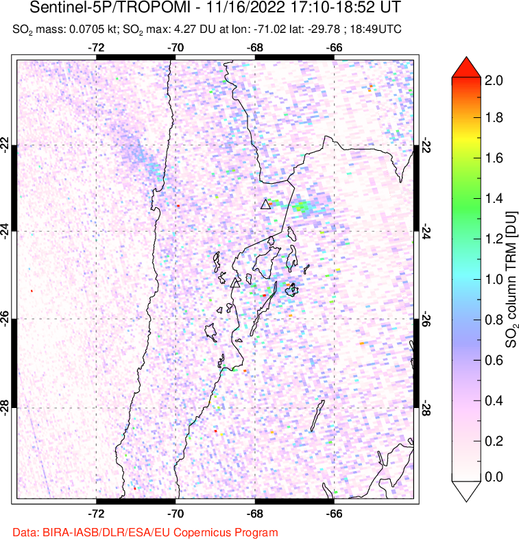 A sulfur dioxide image over Northern Chile on Nov 16, 2022.