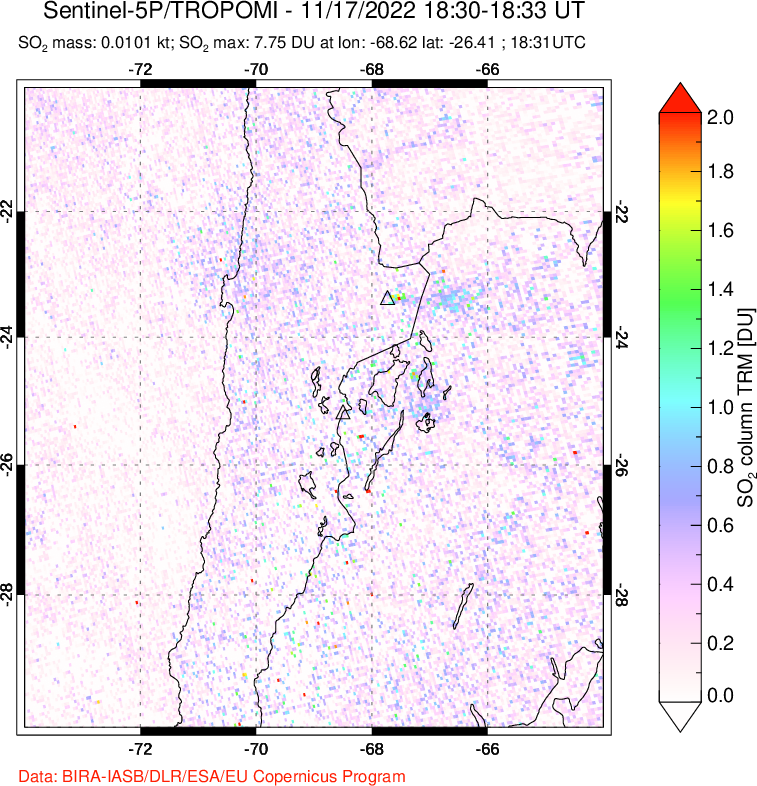A sulfur dioxide image over Northern Chile on Nov 17, 2022.