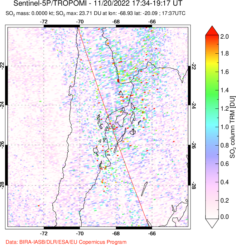 A sulfur dioxide image over Northern Chile on Nov 20, 2022.