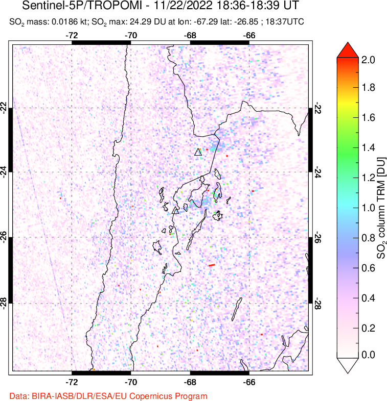 A sulfur dioxide image over Northern Chile on Nov 22, 2022.