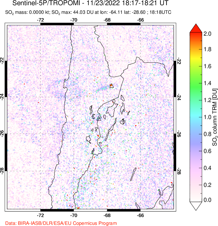 A sulfur dioxide image over Northern Chile on Nov 23, 2022.