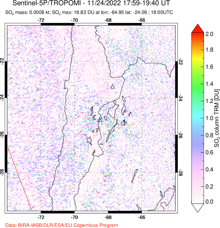 A sulfur dioxide image over Northern Chile on Nov 24, 2022.