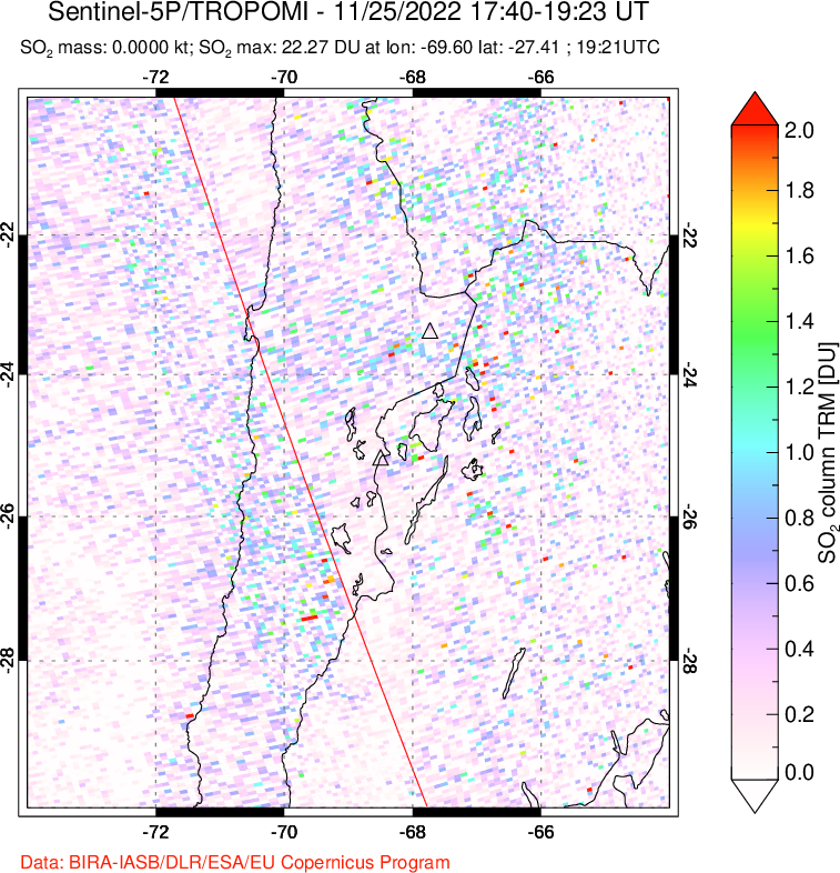 A sulfur dioxide image over Northern Chile on Nov 25, 2022.