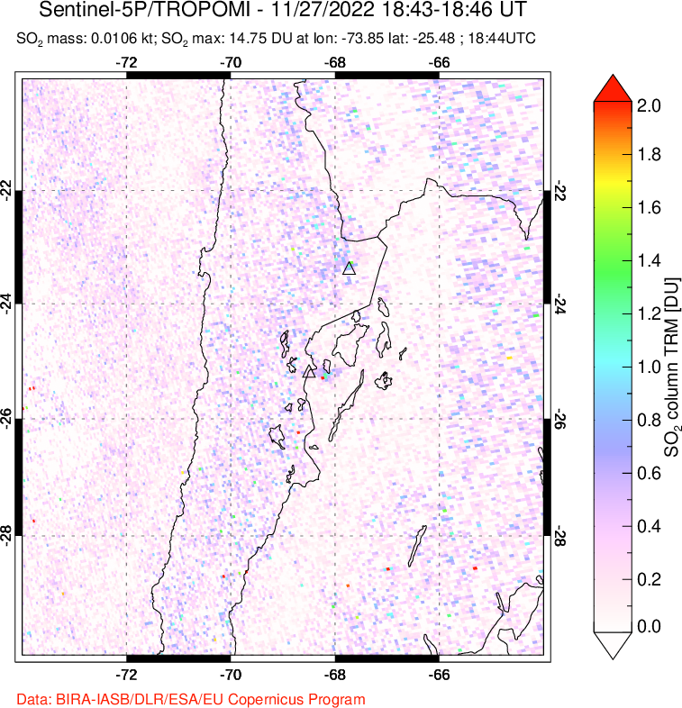 A sulfur dioxide image over Northern Chile on Nov 27, 2022.