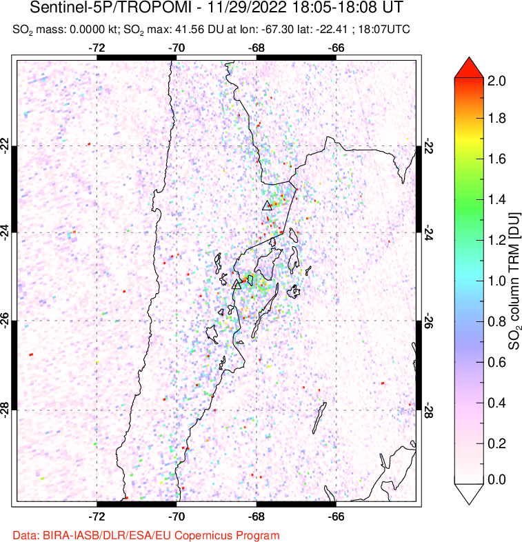 A sulfur dioxide image over Northern Chile on Nov 29, 2022.